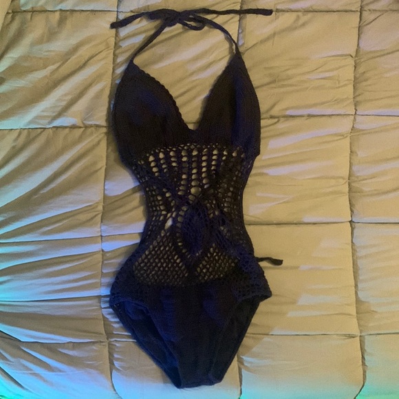 Black Crochet One Piece Swimsuit - Picture 1 of 2